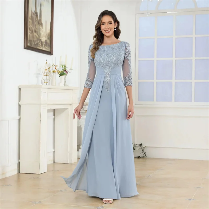 A Line Chiffon Applique Lace O Neck Mother Of The Bride Dress Outfits Evening Formal Prom Floor Length Corset Plus Size
