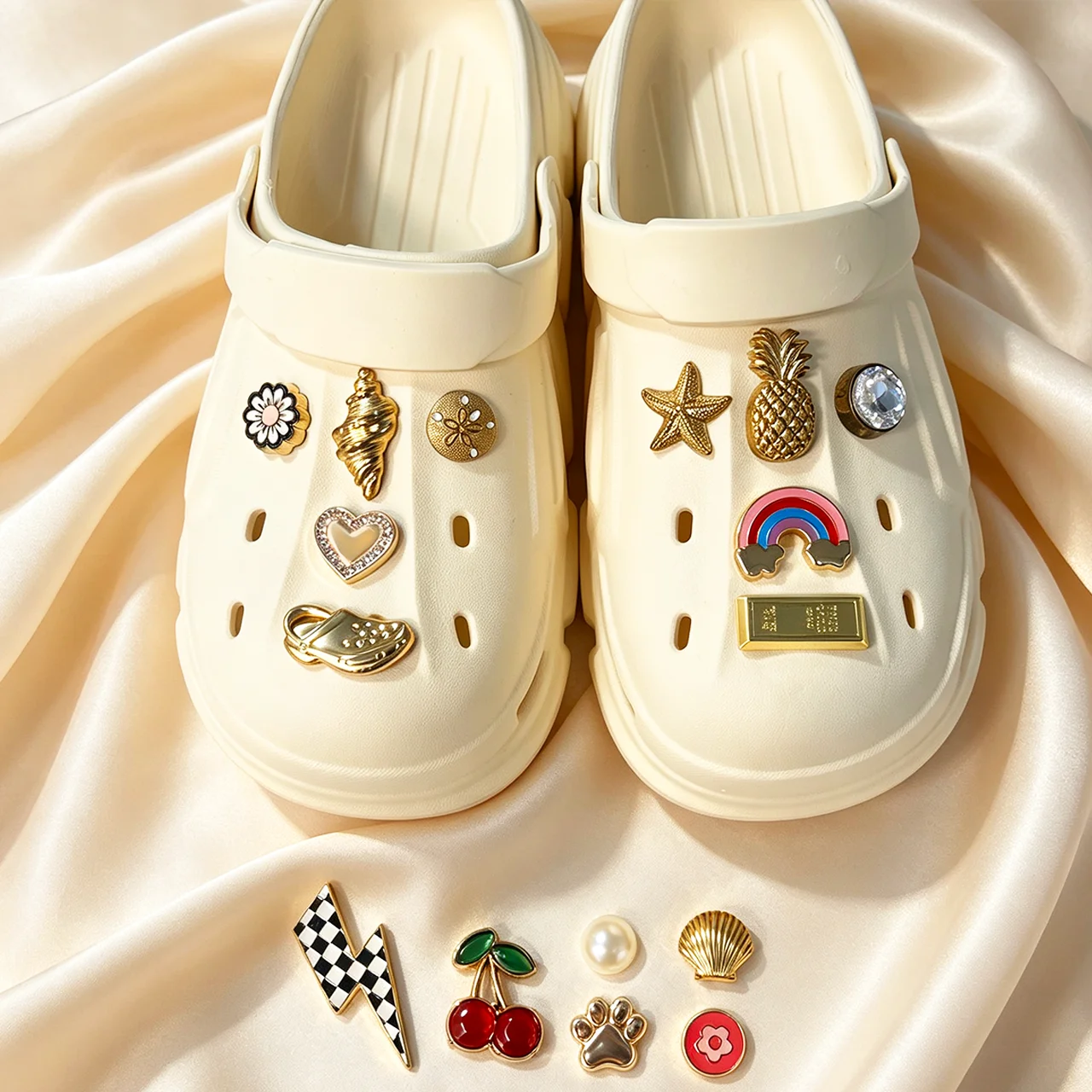 16Pcs Flower Cherry Conch Rainbow Heart Pineapple Metal Sandals Shoe Charms Garden Shoes Button Decorations Holiday Present