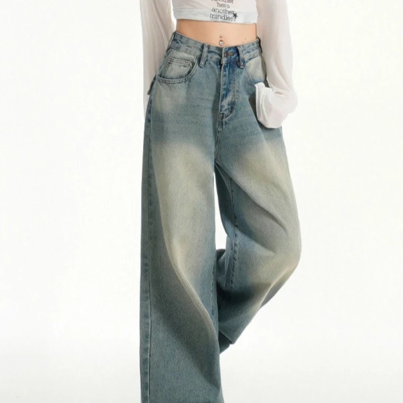 Damen-Hose im Taschen-Design, Retro-Waschung, Distressed, hohe Taille, schlankmachende, weit geschnittene, locker sitzende Denim-Hose in voller Länge