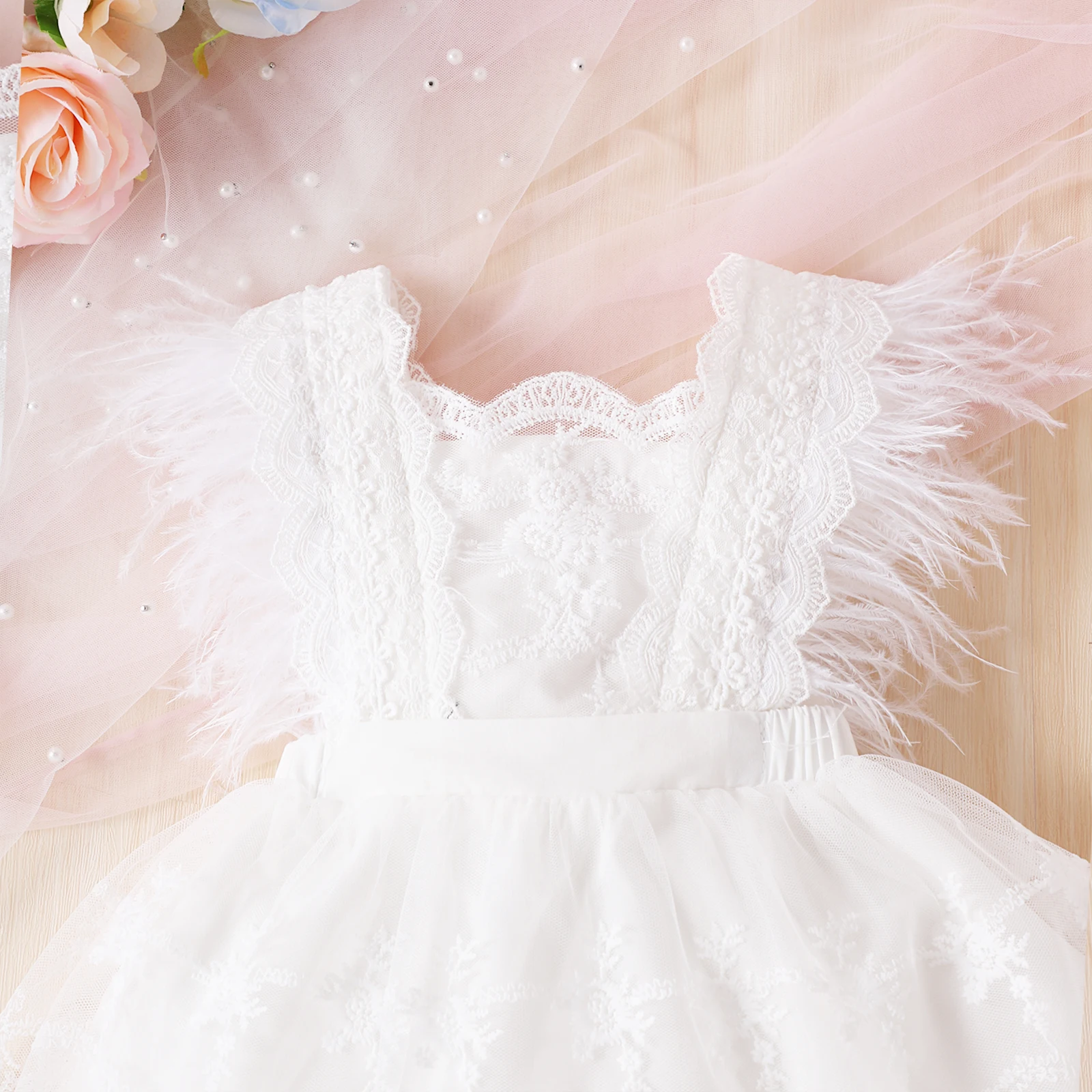 Baby Girl Spring And Autumn Feather Dress Summer Lace Princess Dress