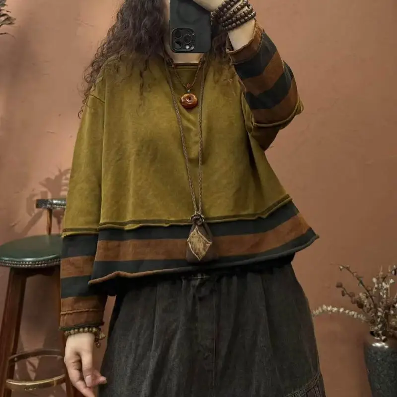 New Arrival 2026 Spring Autumn Arts Style Women Long Sleeve Loose Pullovers Patchwork Design Cotton O-neck Casual Hoodie F1193