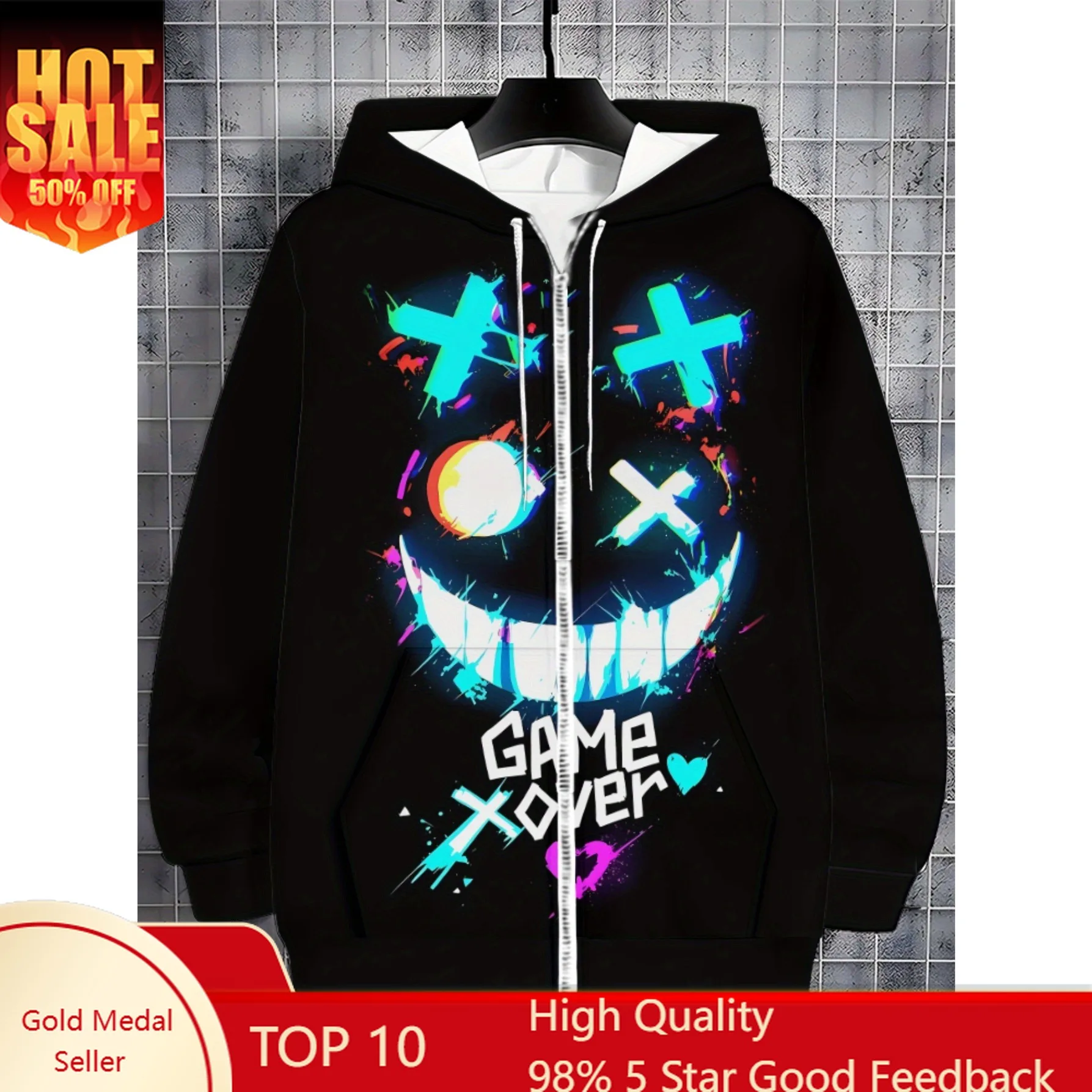 [Hoodie gráfico preto macio] Moletom masculino com zíper preto macio e durável com gráfico Vibrante Game Xover |   Ajuste confortável, Desi elegante