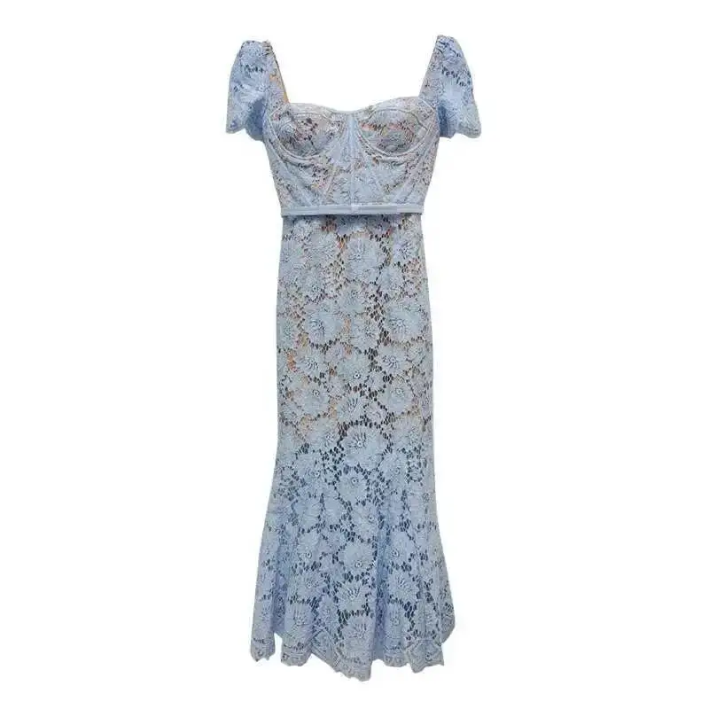 

Luxury Long Lace Evening Dresses Women Summer Blue Eyelash Fishtail Belt Embroidery Wedding Party Vestidos Elegant Midi Dress