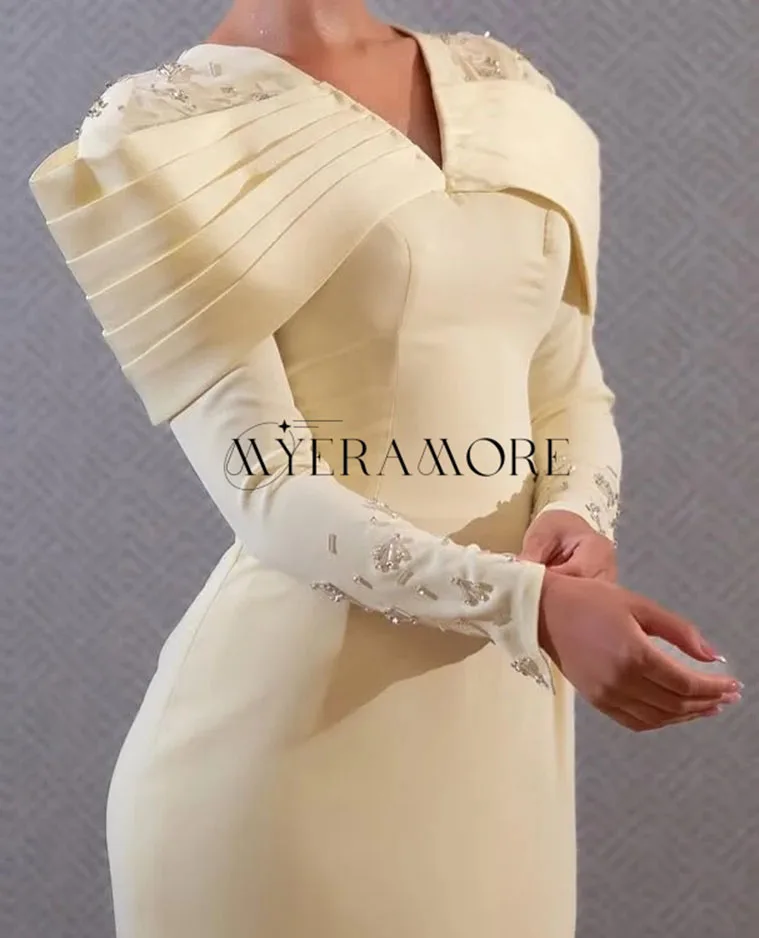 فساتين سهرة رائعة على شكل حرف v حورية البحر مطرز بأكمام طويلة بطول الكاحل مطوي فساتين لحضور الحفلات الموسيقية مخصصة Fساتين سهلات