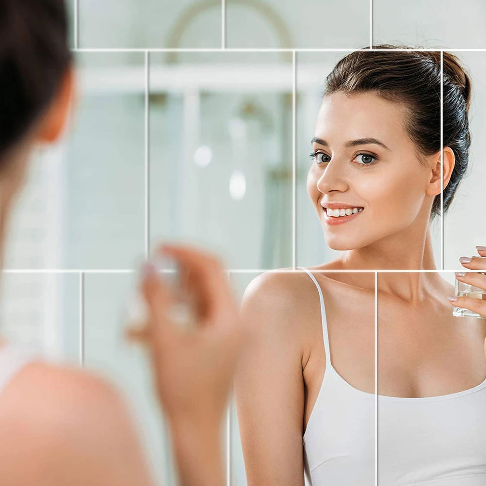 

15Pcs Mirror Decals Silver Finish Pet Material Smooth Non-Glass Reflective Stickers for Walls Tiles Windows Easy Apply Removable