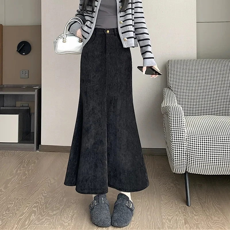 Jesienna damska spódnica maxi z efektem rybiego ogona w dużym rozmiarze 5XL, moda damska 2025, patchworkowe długie spódnice, koreańska moda damska, spódnica codzienna z wysokim stanem.