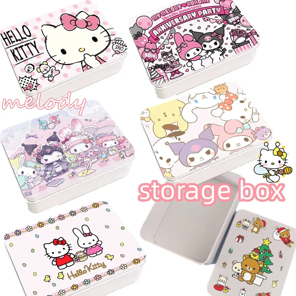 

Cute Cartoon Hello Kitty Printing Metal Iron Box Desktop with Cover Small Card Handbook Material Storage Sticker Storage Tidy