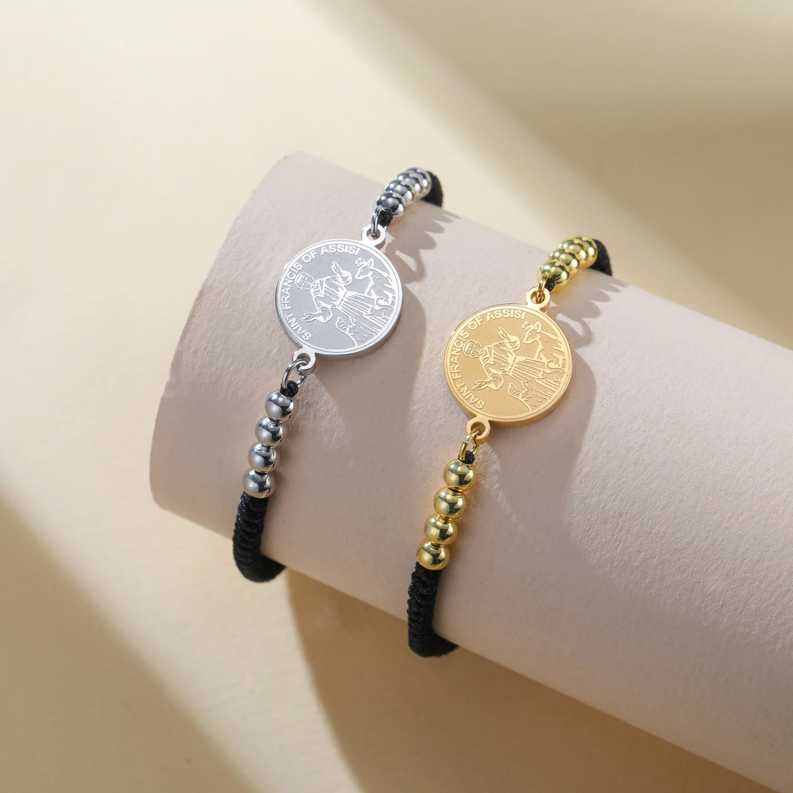 LIKGREAT Saint Francis of Assisi 16*16mm Double Sided Etched Round Pendant Two Hole Adjustable Braided Rope Bracelet Religious