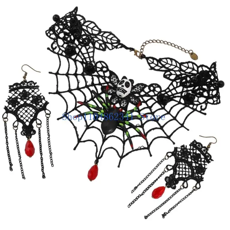 5asd 2pcs Gothic Lace Choker สร้อยคอ Rhinestones ต่างหูฮาโลวีนเครื่องแต่งกายอุปกรณ์เสริมเครื่องประดับสำหรับผู้หญิงของขวัญ