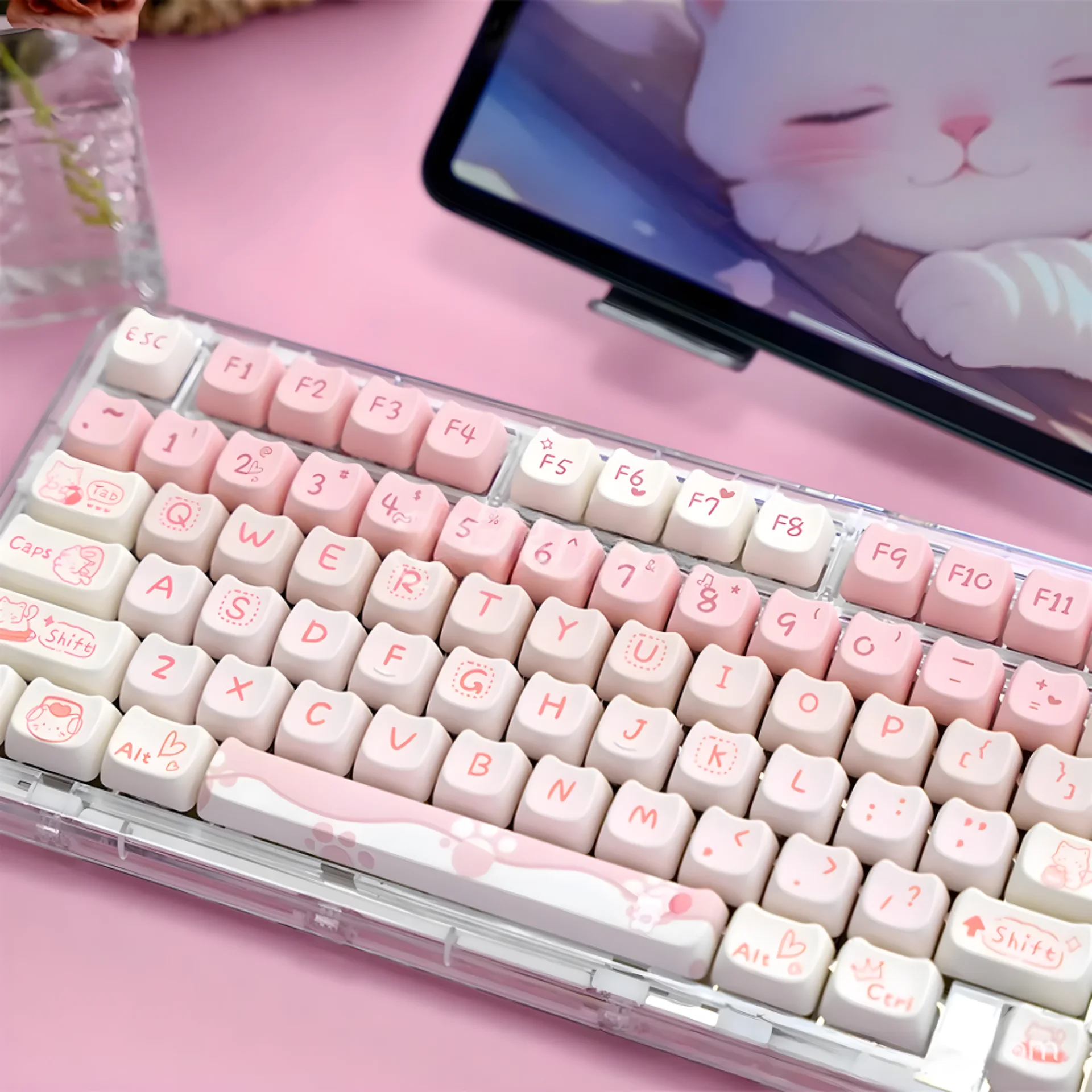 Cute Pink MAO Keycap Set PBT 134 Keys Kitten Keycaps for MX Switch HI75 HI8 68 F99 104 64 Mechanical Keyboards