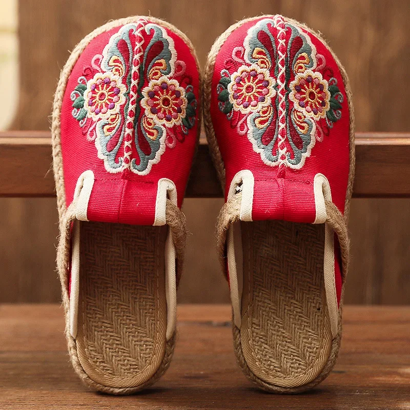 2024 Women Casual Linen Handmade Embroidery Mules Flat Slippers Retro Vegan Summer Ladies Canvas Comfortable Espadrille Shoes