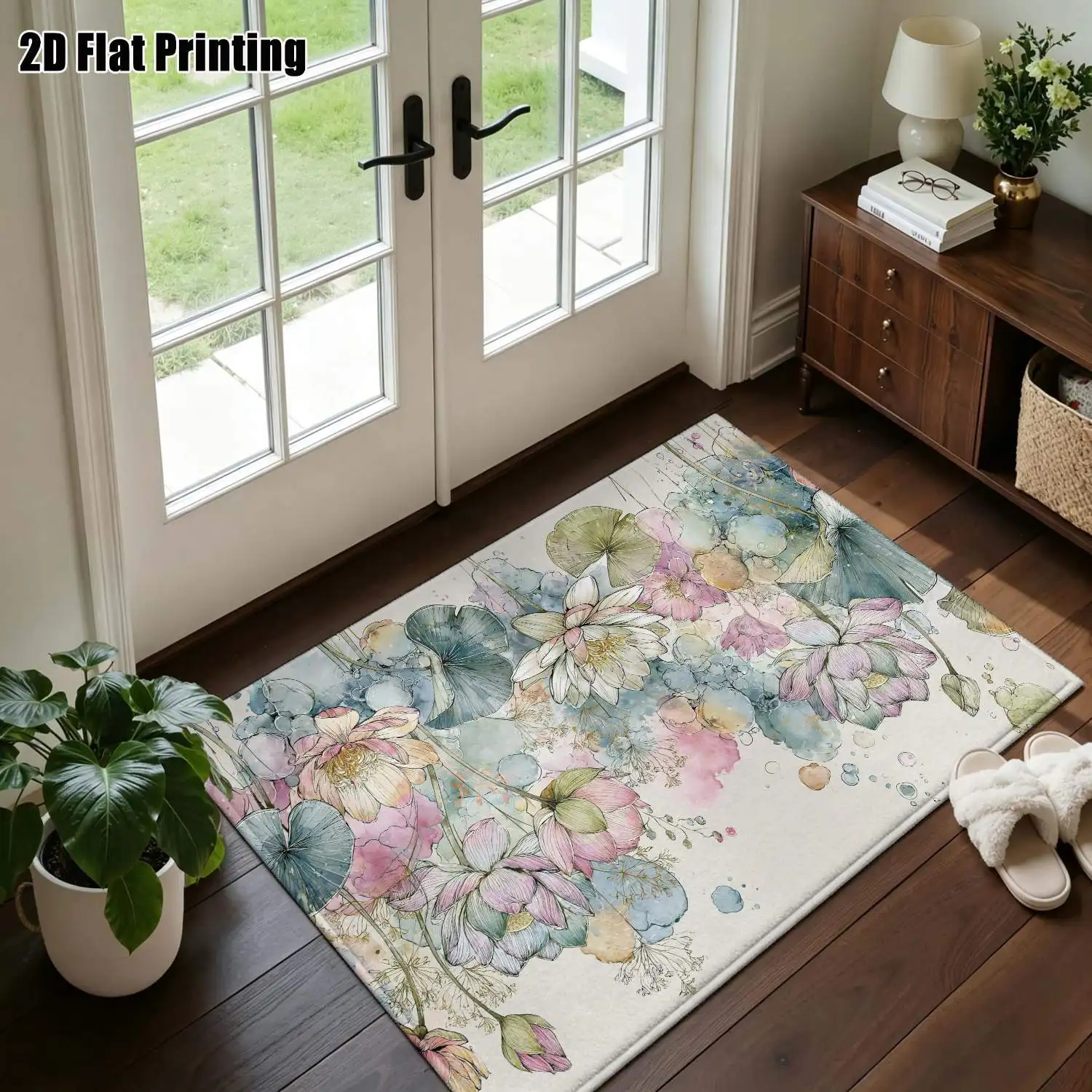 1Pc 2D Printed Carpet: Pink-Blue Floral Pattern, Nordic/Instagram/Modern Minimalist/Vintage/Watercolor Style, Home Decor, Multi-Size, Machine Washable, for Entrance, Dining Room, Foyer, Bedroom, Living Room