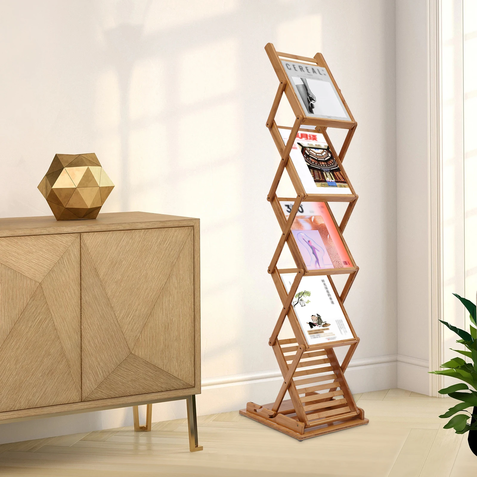 Eco-Friendly Bamboo Display Rack, Natural & Non-Toxic, Foldable Design for Reception Areas, Offices, and Showrooms
