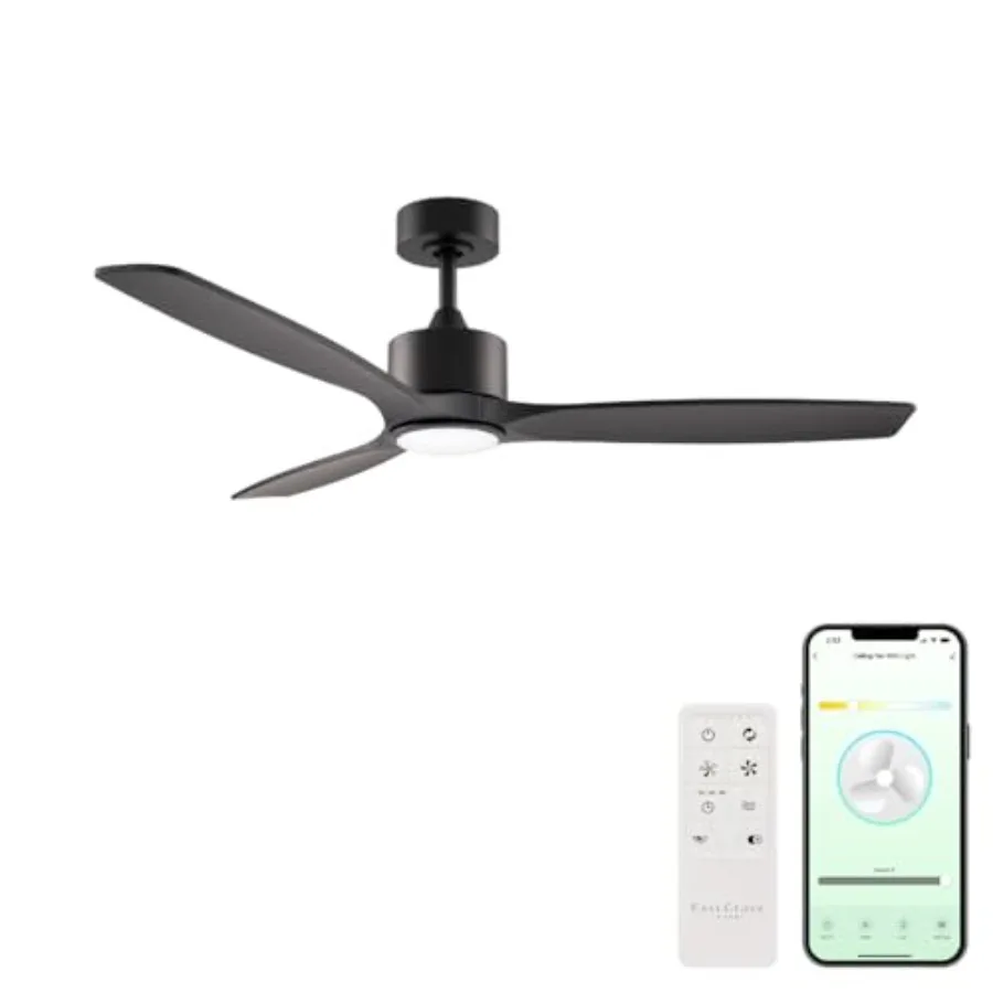 Smart indoor/outdoor ceiling fan with matte black finish, ebony solid wood blades, 52in 3-blade design, 2700K-6000K CCT tunable
