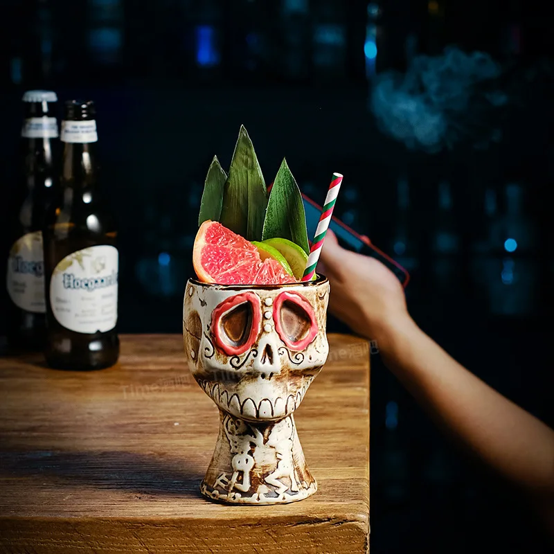 Halloween Skull Ceramic Mug - USA Creative Bar TIKI Skull Cocktail Glass Funny Vintage Drinking Goblet for Mixed Wine & Beer
