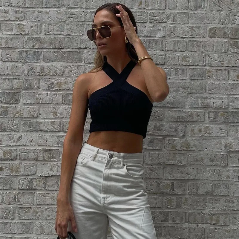 

new fashion Halter Knitted Women Tank Top Solid Color Slim Soft Off Shoulder Cropped Top Spring Summer Female Pullover