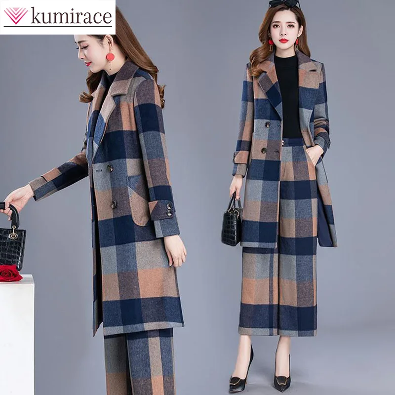 2022 Autumn and Winter New Mature Temperament Wool Plaid Long Coat Wide Leg Pants Fashion Two-piece Elegant Women's Pants Set