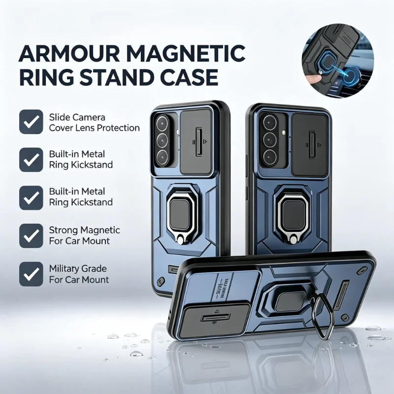 Luxury Armor Design Slide Camera Window  Phone Case For Samsung Galaxy A18 A08 A17 A07 A56/36 Magnetic Ring Holder Protect Cover