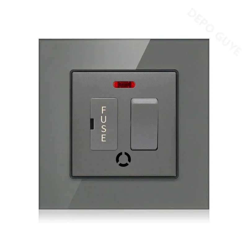 86 Type UK 13A Switch With Fuse Electrical Switch Light Spurs Neon Black White Grey Tempered glass Fuse 13A Wall Switch Panel