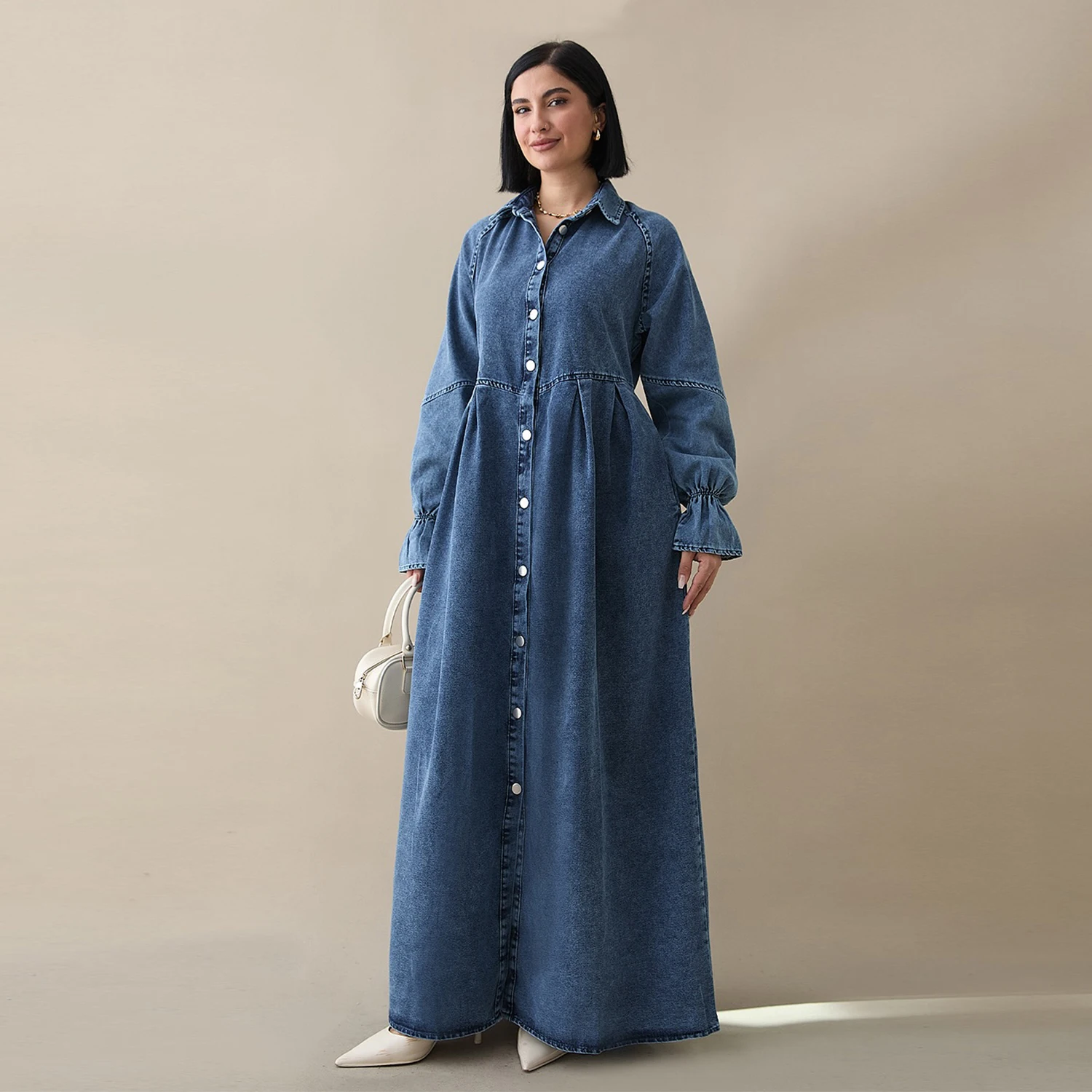 

Modest Muslim Women Denim Maxi Shirt Dress-Regular-Fit, Raglan Sleeves, Full Button Front, Side Pocket. Ramadan Islamic Clothing