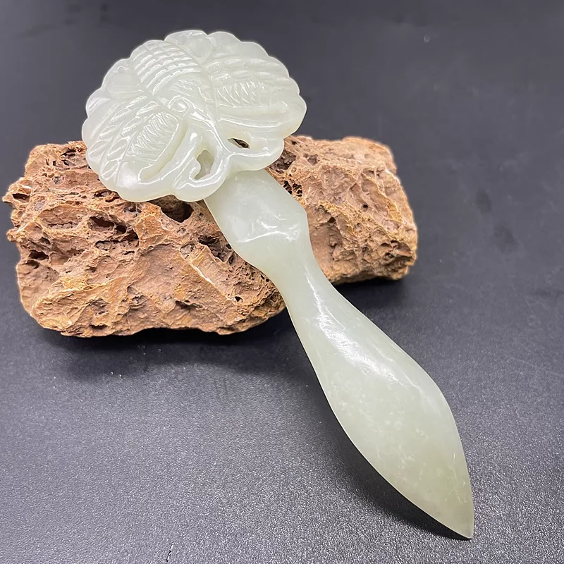 White Green HeTian Jade Hand Carved Animals Flowers Hair Stick for Drama Daily Use Hair Makeup Hanfu Accessory Unisexual