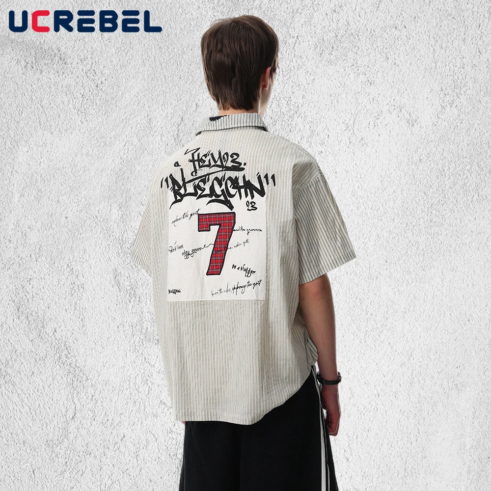 

Back Printed Striped Short Sleeve Shirts Mens Embroidery Retro High Street Single Breasted Lapel Half-Sleeve Cotton Shirts Man