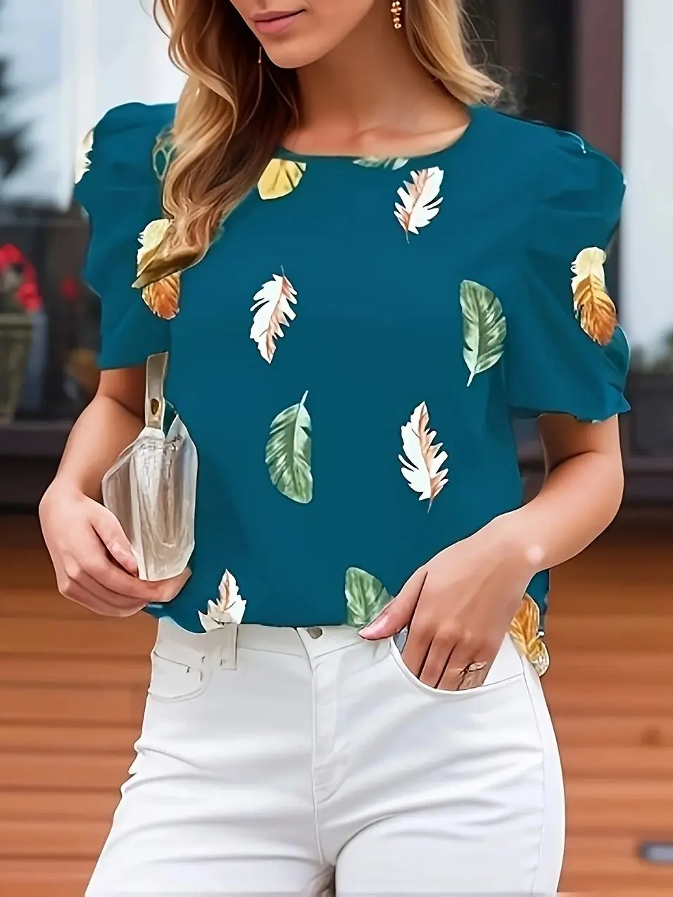 Ladies In  Europe And The United States  Fashion  Feathers  Loose Shrug Casual  Slim Print  Round-Necked Short-Sleeved Blouse