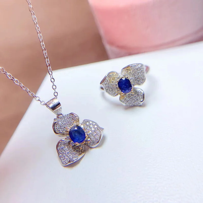 

925 Silver Electroplated 18K Inlaid Natural Sri Lankan Blue Sapphire Flower Set