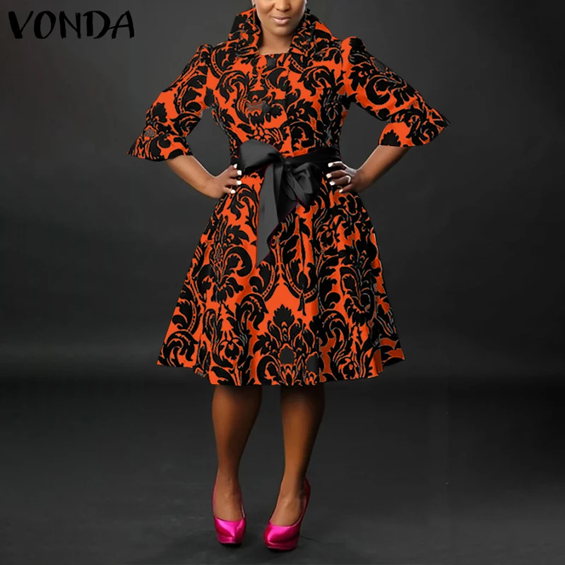 VONDA Women Printing Evening Dress Bohemian Vestidos Stand Collar Bow Belt Casual Loose Robe 2026 Elegant Sundress Oversized