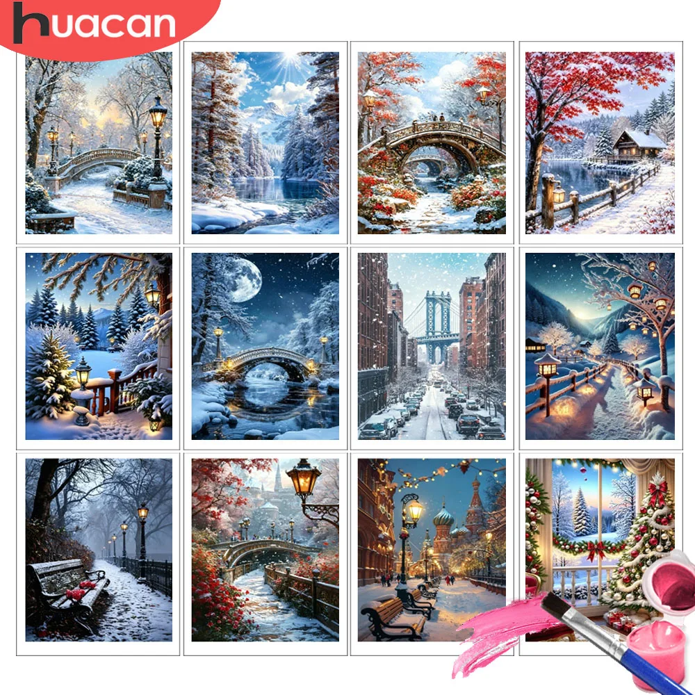 HUACAN Paint By Numbers Adult winter snow landscape bridge Picture By Numbers Kits nature christmas tree Drawing Canvas