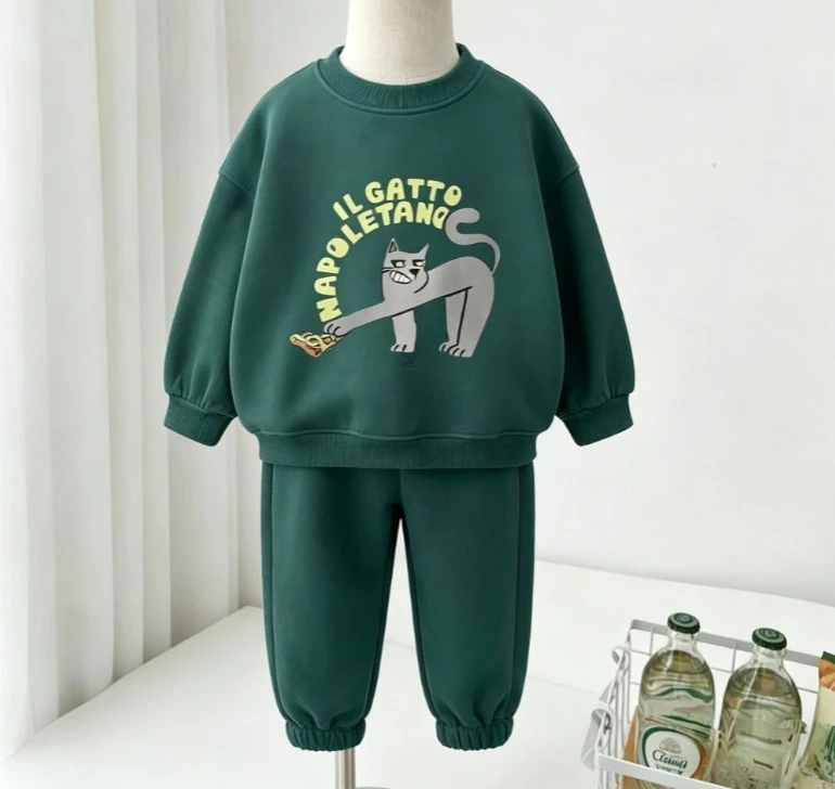 Conjunto Deportivo Infantil Estilo Coreano con Estampado de Animales, Pizza, Gato y Cocodrilo, Sudadera de Cuello Redondo + Pantalones Holgados, 2 Piezas