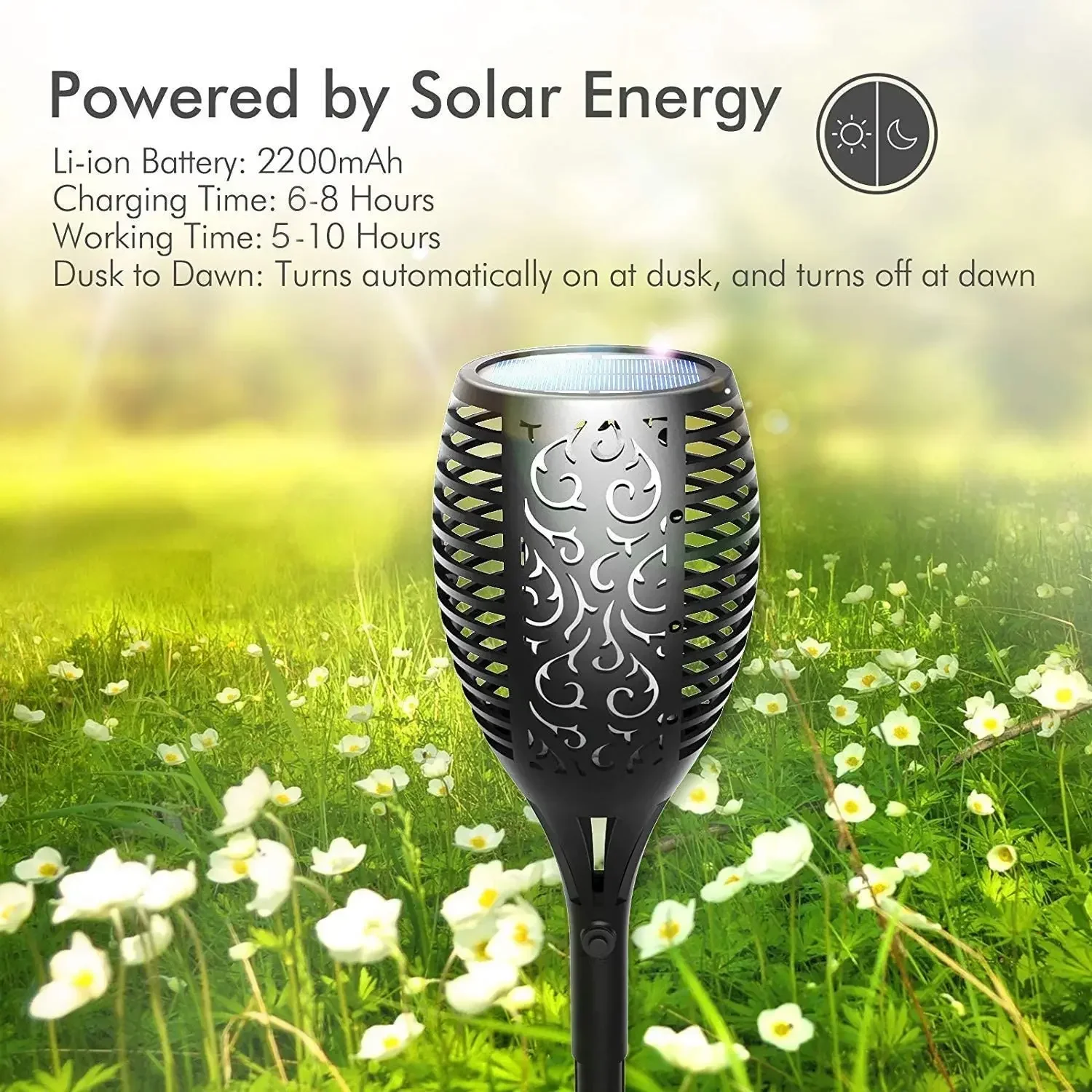 Solar-Gartenfackel mit Flackerlicht, 96 LED Solarleuchten, Wasserdichte Deko-Landschaftsbeleuchtung für Rasen und Wege – Detail 6