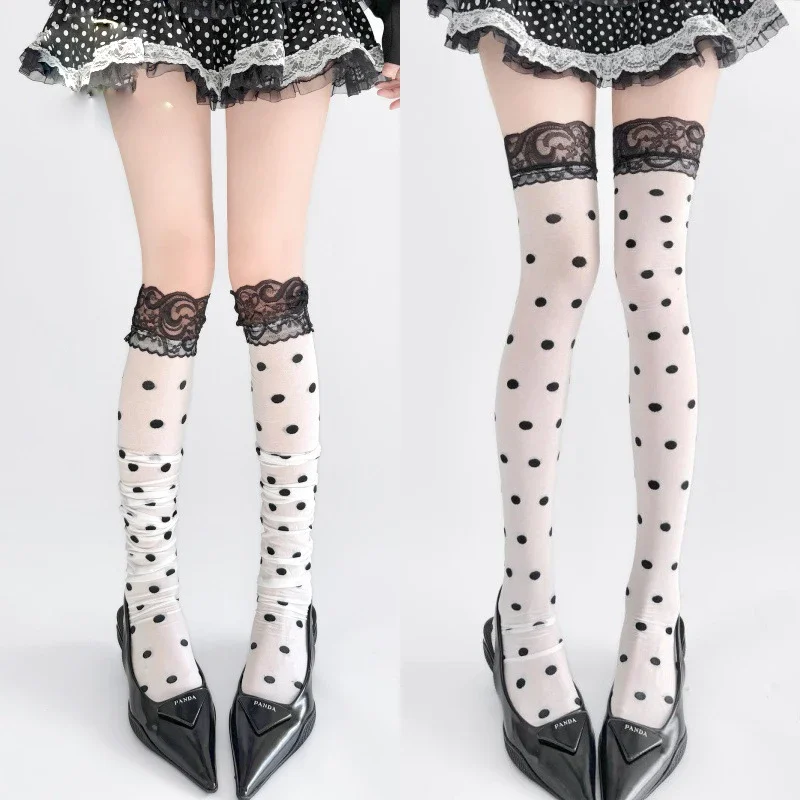 Lace Trim High Waist Polka Dot Sexy Long Tube Socks Over Knee Length Nylon Breathable Versatile Solid Color Long Tube Stockings