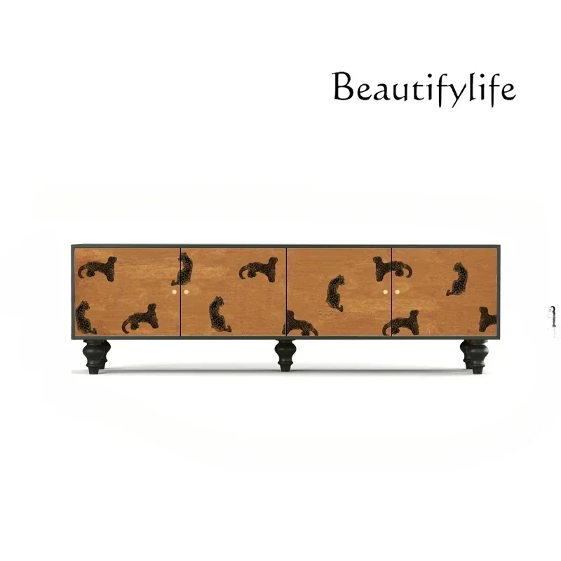 

French leopard explosion TV cabinet solid wood living room decorative storage bedroom bedside storage integrated display cabinet
