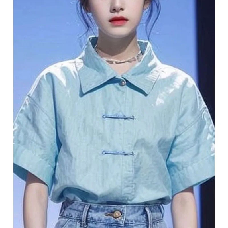 بلوزة نسائية برقبة بولو أحادية اللون ، أنيقة وكلاسيكية ، قميص بسيط ونصف كم للركاب ، تصميم صيني ، جديد في الصيف ، #3