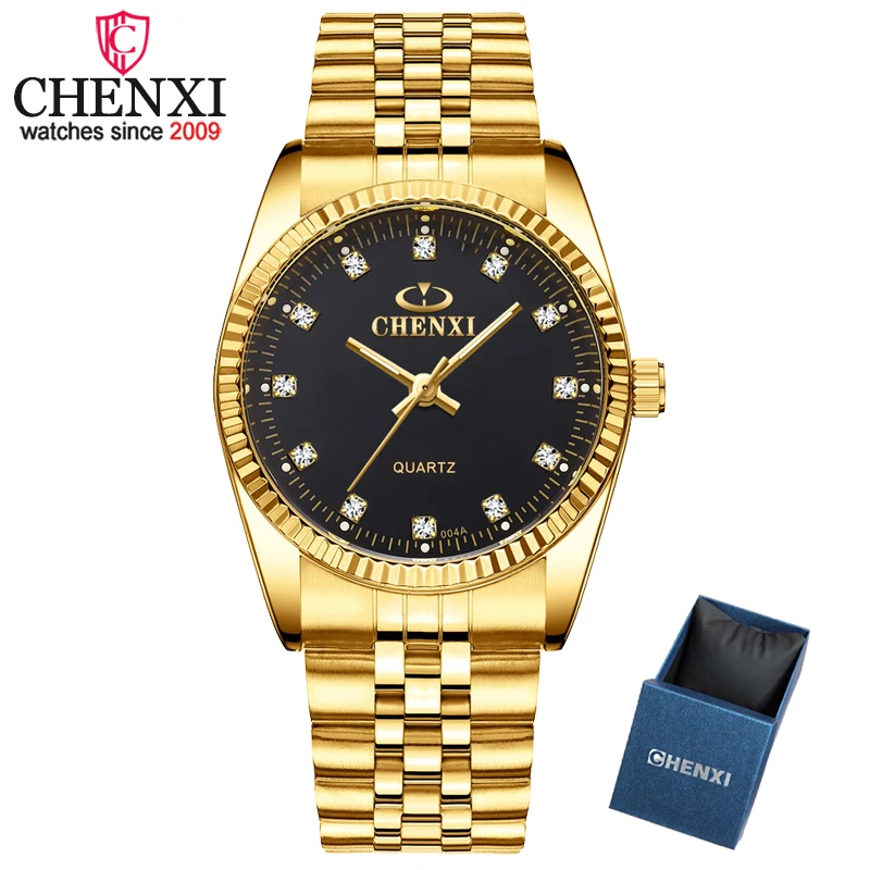 CHENXI, reloj de moda para hombre, relojes de cuarzo para mujer, reloj de pulsera de acero inoxidable dorado de lujo, reloj de vestir para amantes en caja de regalo