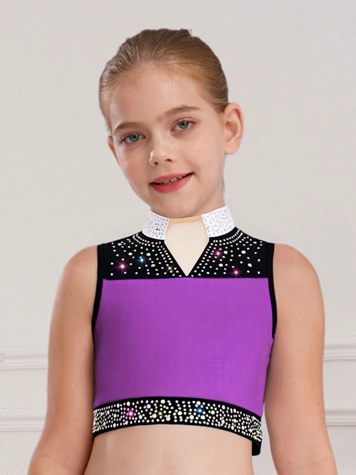 

2025 New Kids Girls Dance Performance Costume Glittery Rhinestones Crop Top Sleeveless Vest Gymnastics Figure Skating Dancewear