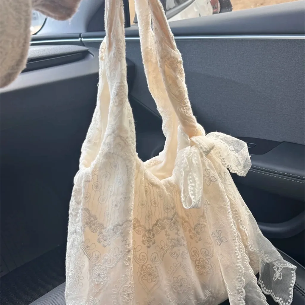 Floral Lace Tote Bag Embroidery Bowknot French Vintage Handbag Creamy White Aesthetic Large Capacity Shoulder Purse