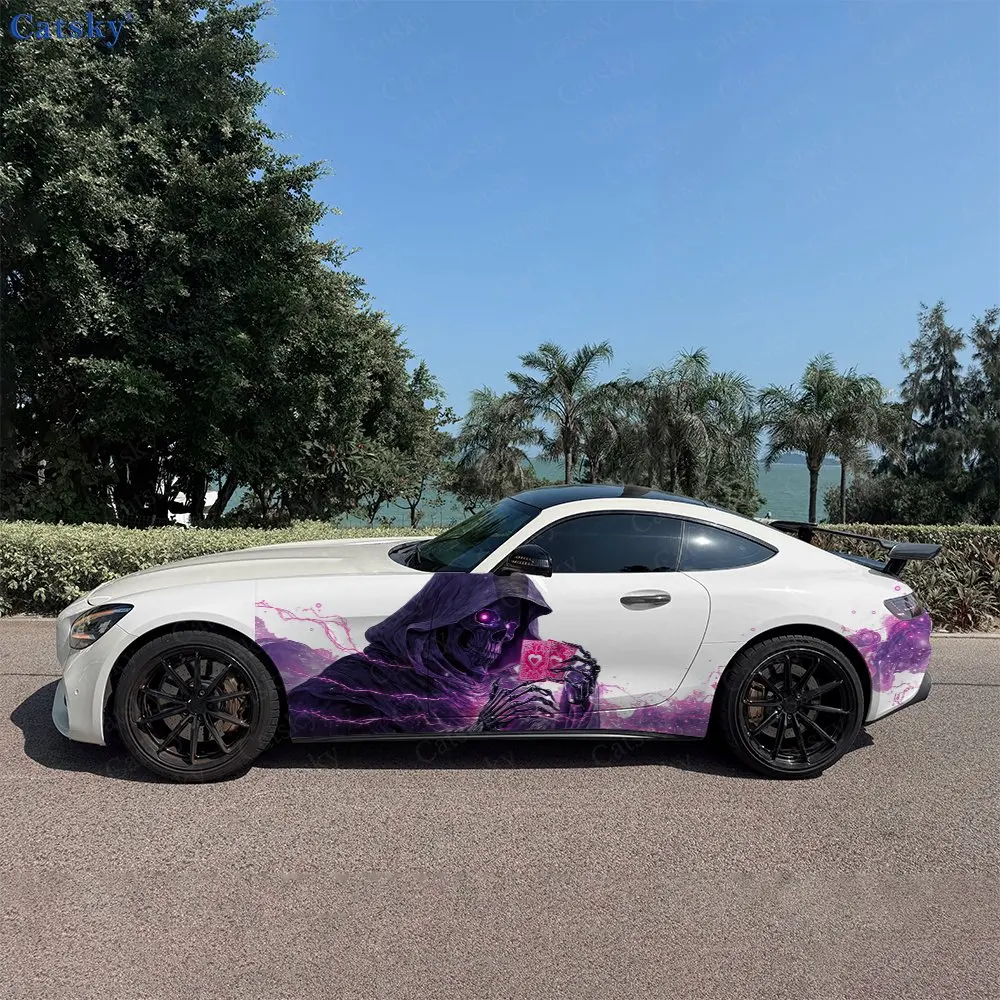 2pcs Purple Lightning Hooded Skeleton Car Side Wraps, Self-Adhesive PVC Waterproof & Scratch-Resistant Stickers, Car Accessory