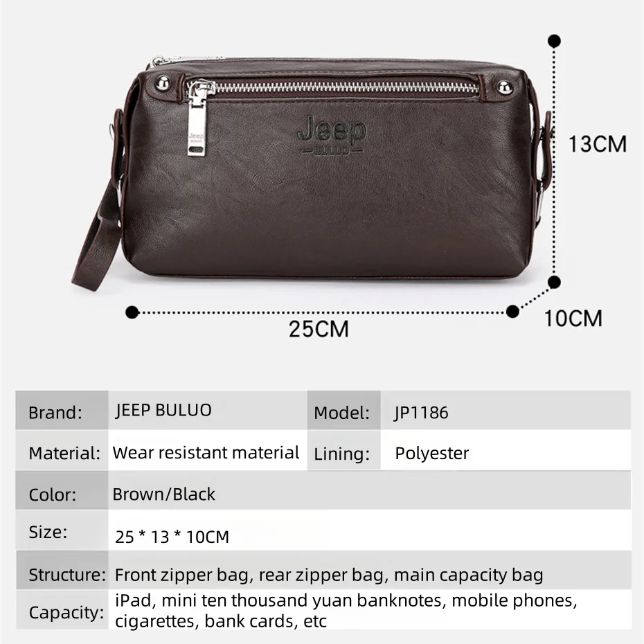 JEEP BULUO Fashion Big Brand Man\'s Handbags High quality Leather Clutch bag Wallet Purse Large Capacity Business New Hot Brown