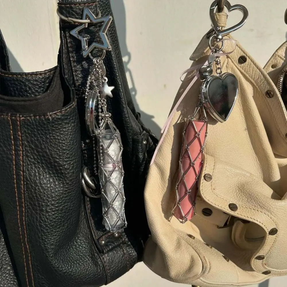 

Vintage Portable Metal Net Lipstick Bag Silver Mini Lip Balm Bag Keychain Y2K Creative Lipstick Storage Bag Travel