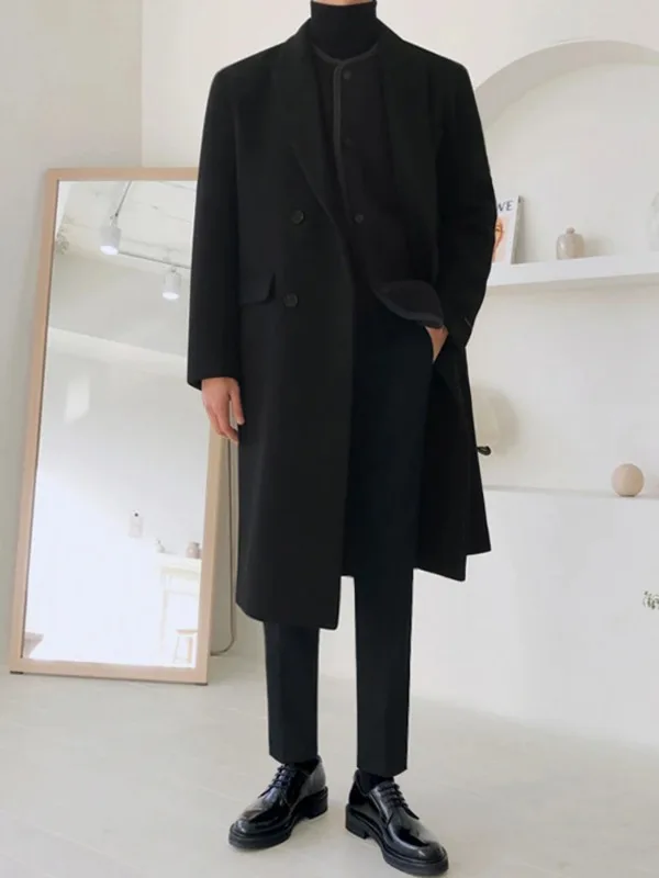 

Autumn Winter Long Warm Camel Black Woolen Coat Men Double Breasted Korean Style Wool Blends Overcoat with Back Slit