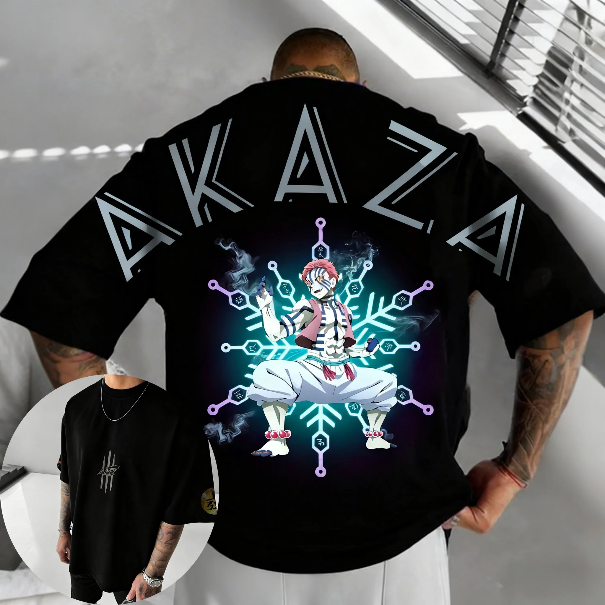 

Demon Slayer аниме Akaza футболка с принтом мужская летняя новая Harajuku большой размер уличный модный повседневный свободный топ Y2K для родителей и детей