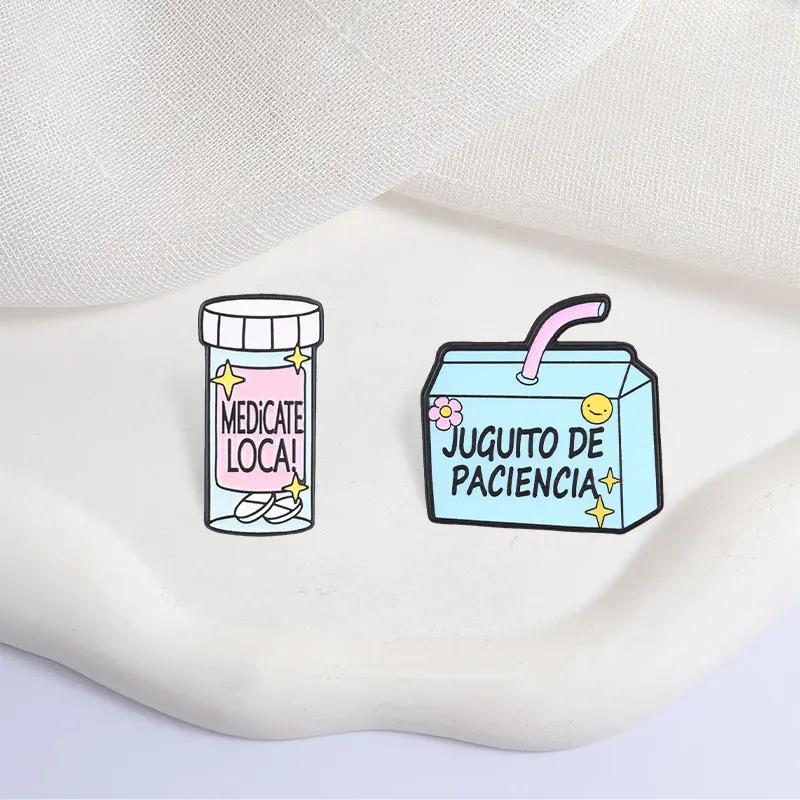 Broches en émail de dessin animé mignonnes, motifs 'Patience Juice' et 'Bouteille de Médicament Fou', badges de revers en métal tendance pour sacs à dos, vêtements et bijoux