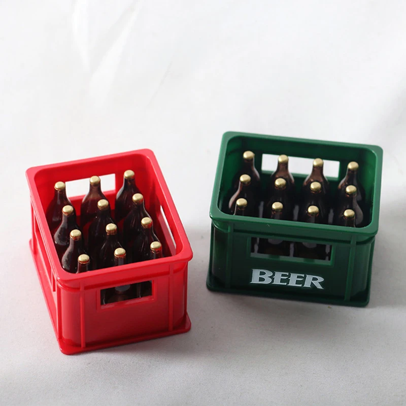 1Set 1:12 Mini Dollhouse Beer Resin Frame Storage Basket With 12 Bottles Simulation Drink Beer Model DIY Doll Accessories