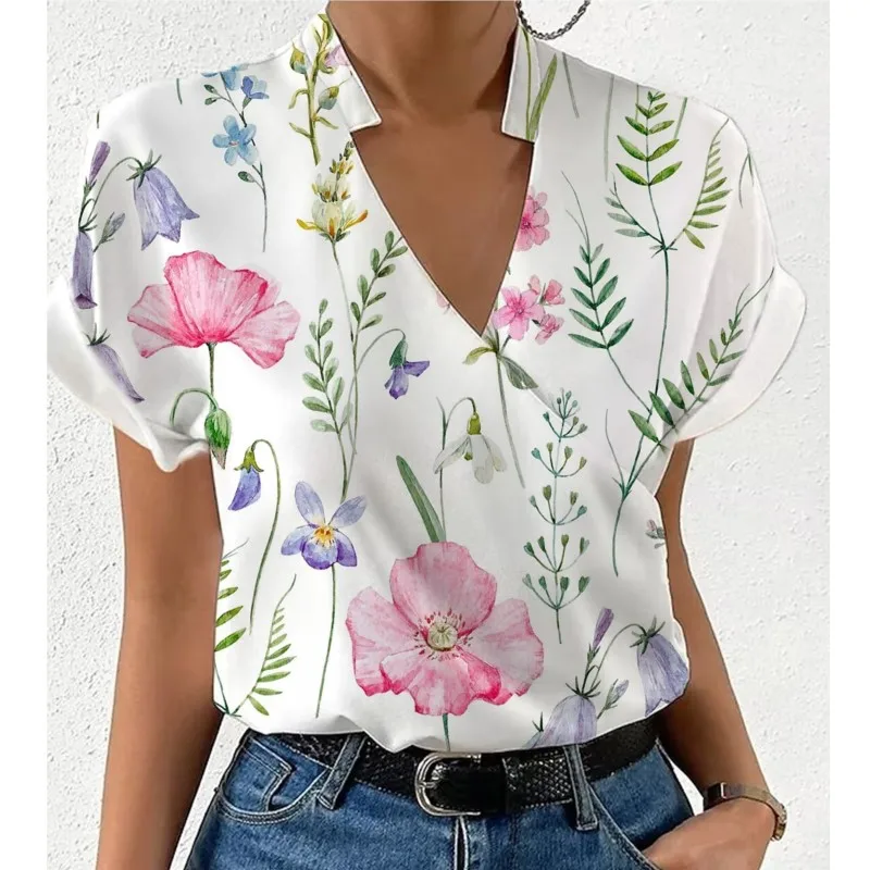 Women Summer Loose V-neck Printed Shirt Office Lady Floral Print Short Sleeve Pullover Blouse Blusas Chemise Femme Chic 2024