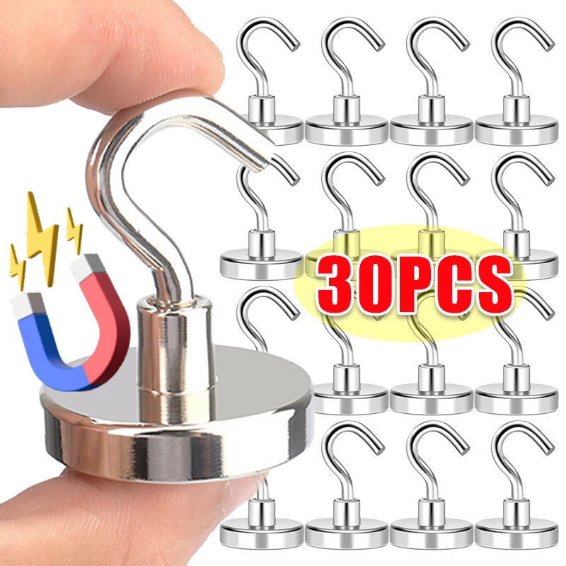 

30/1PCS Strong Magnetic Hook Metal Magnet Heavy Duty Wall-mounted Hooks Kitchen Bathroom Keys Coat Cups Storage Hanging Hangers