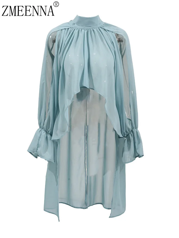

ZMEENNA Chic Womens High Neck Ruffle Long Sleeve Sheer Chiffon Blouse Elegant Loose Fit Tunic Top Blue Flowy Layered ZM3162
