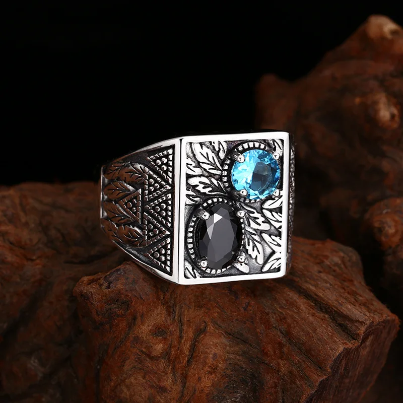 S925 Sterling Silver Zircon Adjustable Ring Punk Style Hip Hop Leaf Old Process Free Size Fine Jewelry FYRNG100