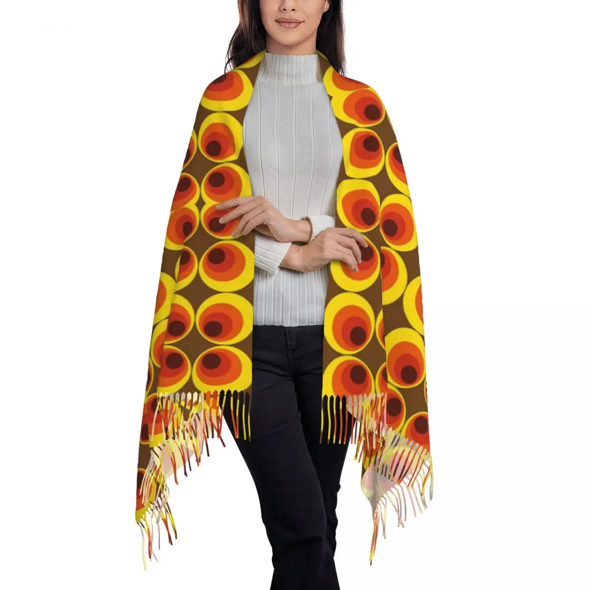 70s, 80s Funky Vintage Circle Pattern Scarf Tassel Scarves Women Soft Warm Shawls and Wraps Long Fall Winter Shawl Wrap